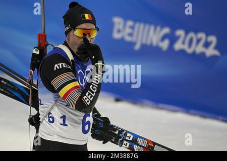 Der belgische Biathlet Thierry langer wurde während des 20 km langen Biathlon-Rennens für Männer im National Biathlon Center in Zhangjiakou bei den Olympischen Winterspielen 2022 in Peking, China, Dienstag, den 08. Februar 2022, in Aktion gezeigt. Die Olympischen Winterspiele finden vom 4. Februar bis zum 20. Februar 2022 statt. BELGA FOTO LAURIE DIEFFEMBACQ Stockfoto