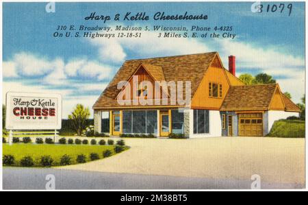 Harp & Kettle Cheesehouse, 310 E. Broadway, Madison 5, Wisconsin, an den U.S. Highways 12 - 18 - 51, 3 Meilen südöstlich der Stadt, Restaurants, Tichnor Brothers Collection, Postkarten der Vereinigten Staaten Stockfoto