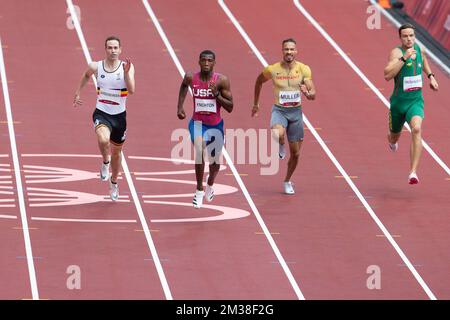 August 03, 2021: Robin Vanderbemden of Belgium, Erriyon Knighton of United States, Steven Muller of Germany and Gediminas Truskauskas of Lithuania race in the MenÕs 200m Round 1 during Athletics competition at Olympic Stadium in Tokyo, Japan. Daniel Lea/CSM} Stock Photo