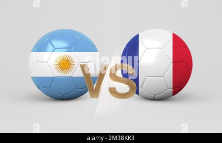 Fußball-Finale mit Argentinien gegen frankreich 3D Fußballflaggen auf weißem Hintergrund. 3D Abbildung. Stockfoto