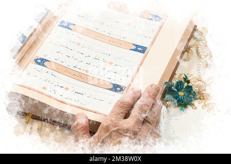 Aquarellgemälde des Heiligen Korans. Ich lese den Koran während des Ramadan-Monats. Draufsicht. Stockfoto