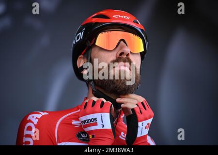 Belgischer Thomas De Gendt von Lotto Soudal zu Beginn der fünften Etappe des Radrennens Paris-Nizza 80., von Saint-Just-Saint-Rambert bis Saint-Sauveur-de-Montagut (188,8 km), in Frankreich, Donnerstag, 10. März 2022. BELGA FOTO DAVID STOCKMAN Stockfoto