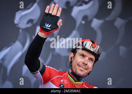 Belgischer Philippe Gilbert von Lotto Soudal zu Beginn der fünften Etappe der 80.. Ausgabe des Radrennen Paris-Nizza, von Saint-Just-Saint-Rambert bis Saint-Sauveur-de-Montagut (188,8 km), in Frankreich, Donnerstag, 10. März 2022. BELGA FOTO DAVID STOCKMAN Stockfoto
