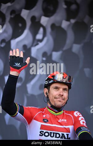 Belgischer Philippe Gilbert von Lotto Soudal zu Beginn der fünften Etappe der 80.. Ausgabe des Radrennen Paris-Nizza, von Saint-Just-Saint-Rambert bis Saint-Sauveur-de-Montagut (188,8 km), in Frankreich, Donnerstag, 10. März 2022. BELGA FOTO DAVID STOCKMAN Stockfoto