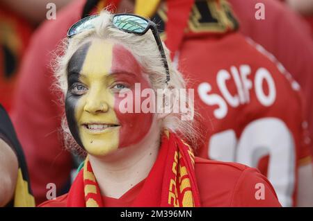 Die belgischen Fans bildeten sich vor einem Freundschaftsspiel zwischen Irland und der belgischen Nationalmannschaft, den Red Devils, am Samstag, den 26. März 2022 in Dublin. BELGA FOTO BRUNO FAHY Stockfoto