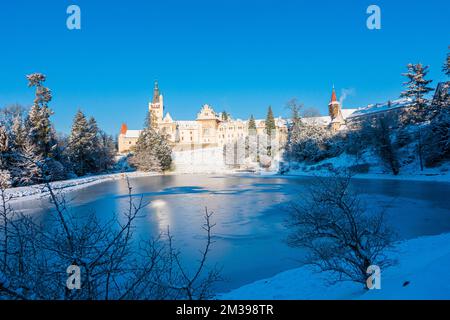 Die Winterschneelandschaft der Burg Pruhonice und des Podzamecky-Teiches im Pruhonice-Park am Prager Stadtrand, Tschechische Republik, 13. Dezember 2022. Stockfoto