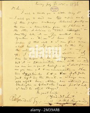 Henry Jarvis Raymond, Poststempel Burlington, VT., Autogrammbrief unterzeichnet an R. W. Griswold, 18. Juli 1838, amerikanische Literatur, 19.. Jahrhundert, Geschichte und Kritik, Autoren, Amerikaner, 19.. Jahrhundert, Korrespondenz, Autoren und Verleger, Dichter, Amerikaner, 19.. Jahrhundert, Korrespondenz. Rufus W. Griswold Papers Stockfoto