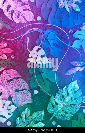 Neon lit vibrant background with light wires and exotic tropical leaves in glowing pink, purple and blue. Frame made from exotic paper leaves. Stock Photo