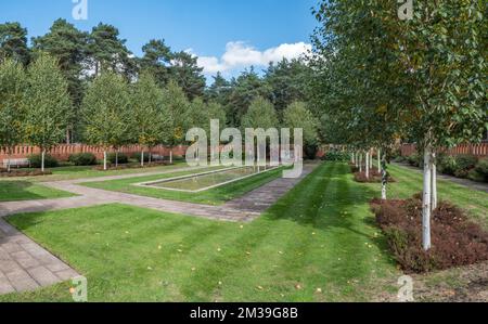 The Peace Garden Inside the Muslim Begräbnisstätte, Horsell Common, Woking, Surrey, Großbritannien. Stockfoto