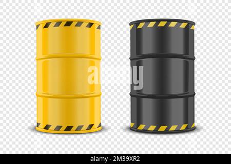 Vector 3D Realistic Yellow Barrel, Gefahrenstoffe. Vorsicht, radioaktive, gefährliche chemische Materialien, toxische Verschmutzung, Danger Barrel Set mit Stock Vektor