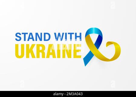 Stehe mit der Ukraine. Anti war Call mit dem Smbol des Friedens mit blauem und gelbem Seidenband. Farben Der Ukrainischen Flagge. Kampf, Protest, Unterstützung Der Ukraine Stock Vektor
