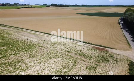 Drohnenbild aus der Luft zeigt droog veld Genappe, ein ausgetrocknetes Feld in der Region Genappe, da in Belgien am Sonntag, den 15. Mai 2022, nur sehr wenig Regen gefallen ist. BELGA FOTO NICOLAS MAETERLINCK Stockfoto