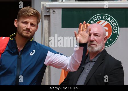 Der belgische David Goffin kommt zu einem Tennisspiel zwischen belgischem Goffin (ATP 48) und amerikanischem Tiafoe (ATP 27), in der zweiten Runde der Herreneinzelspiele des Roland Garros French Open Tennisturniers, am Donnerstag, den 26. Mai 2022 in Paris, Frankreich. Das diesjährige Turnier findet vom 22. Mai bis zum 5. Juni statt. BELGA FOTO BENOIT DOPPPAGNE Stockfoto