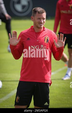 Die Gesten von Jan Vertonghen aus Belgien während einer Trainingssitzung der belgischen Nationalmannschaft, der Red Devils, am Montag, den 13. Juni 2022 in Tubize, zur Vorbereitung des künftigen Spiels der UEFA Nations League in Polen. BELGA PHOTO VIRGINIE LEFOUR Stockfoto