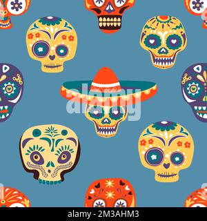 Totenköpfe mit Blumen und floralen Ornamenten verziert, nahtlose Muster. Dia de los muertos, mexikanische Feiertagsfeier. Tag des toten Hintergrundes oder Stock Vektor