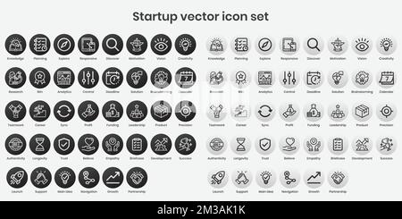 Symbolgruppe für Startvektor. Schwarz-weiße Symbolreihe mit Linie und Kontur. Stock Vektor