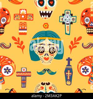 Tag der Toten Feier der mexikanischen Feiertage. Nahtloses Muster mit Totenköpfen und Kreuzen verziert mit Blumen und Blättern. Dia de los muertos, cultu Stock Vektor