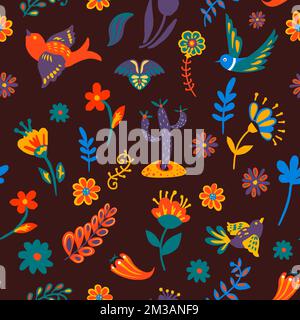 Fliegende Vögel und Blumen in blütennahtlosem Muster. Frühling und Sommer saisonales Blühen und Erwachen. Pflanzen mit blühender, exotischer Flora und Fauna. Stock Vektor