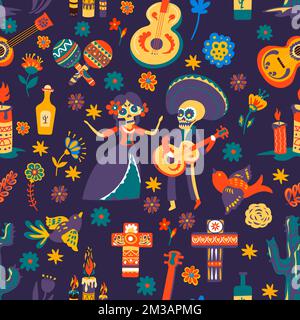Dia de los muertos, traditionelle Symbole der mexikanischen Urlaub. Feier des Tages der Toten, nahtlose Muster mit Blumen und Kreuze, Skelette und ein Stock Vektor