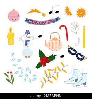 Christmas elements set holly plant, skate, snowman, candle, orange, star, garland, decoration hand drawn in simple cartoon style for winter holidays greeting card, invitation, banner, decor, stickers Stock Vektor
