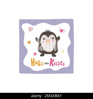 Süßer Pinguin mit handgezeichneten Buchstaben Umarmungen und Küsse. Doodle Kawaii-Style-Illustration. Stock Vektor