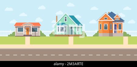 Street with private houses, quiet area in flat style. Vector illustration Stock Vektor