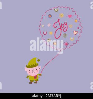 Kleine Elfe mit eingerahmtem Wort Freude. Doodle Kawaii-Style-Illustration. Stock Vektor