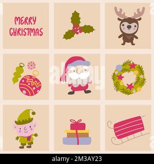 Set aus quadratischen Karten mit handgezeichneten Buchstaben und niedlichen Weihnachtselementen. Stock Vektor