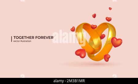 3D-Vektor – Paar Ringe mit roten Herzen. Realistisches 3D-Design von zwei Hochzeitsringen mit dekorativen Herzen. Love-Konzept in trendigen Farben. Vektordarstellung im minimalen Cartoon-Stil. Stock Vektor