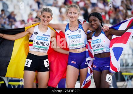 Der belgische Zoe Laureys (links) posiert für den Fotografen am vierten Tag der Leichtathletik-Europameisterschaft U18, Dienstag, 05. Juli 2022 in Jerusalem, Israel. BELGA FOTO COEN SCHILDERMAN Stockfoto