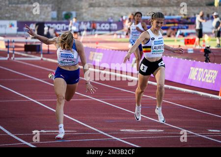 Der belgische Zoe Laureys (rechts) im Einsatz am vierten Tag der Leichtathletik-Europameisterschaft U18, Dienstag, 05. Juli 2022 in Jerusalem, Israel. BELGA FOTO COEN SCHILDERMAN Stockfoto