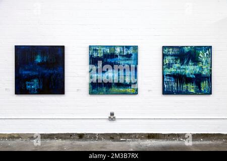 Abstract paintings at the Free Range Show 2019 at the Old Truman Brewery, Brick Lane, London, UK Stock Photo