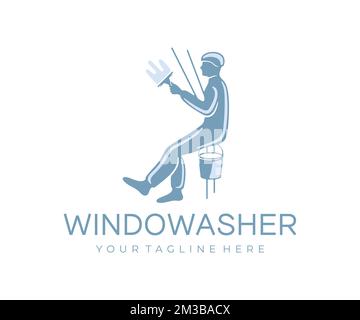 Industrielle Kletterer waschen Fenstergebäude und Wolkenkratzer mit Rakel und Logo-Design. Bergsteigen in der Industrie, Fensterreiniger, Haushälterin Stock Vektor