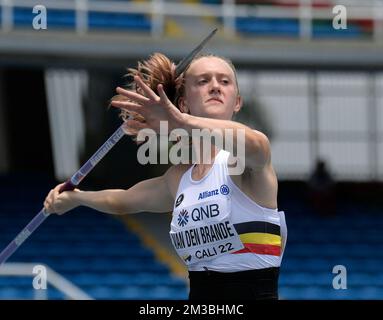 Die belgische Laura Van Den Brande zeigte sich in Aktion beim Speerwurf des Frauen-Heptathlon-Wettbewerbs, bei der World Athletics World Junior Athletics Championships am Donnerstag, den 04. August 2022 in Cali, Kolumbien. Die Weltmeisterschaften U20 finden vom 1.. August bis zum 6. 2022. August statt. BELGA FOTO THOMAS WINDESTAM Stockfoto