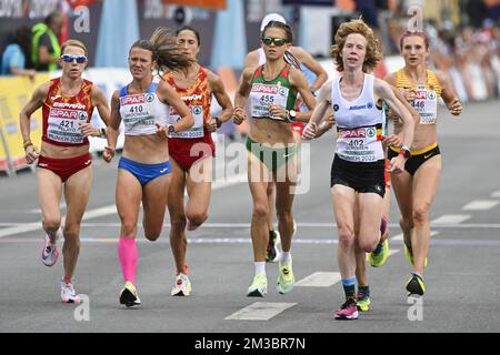 Der belgische Mieke Gorissen wurde am ersten Tag der Athletik-Europameisterschaft am Montag, dem 15. August 2022, in München 2022 in Aktion beim Frauenmarathon gezeigt. Die zweite Ausgabe der Europameisterschaft findet vom 11. Bis 22. August statt und umfasst neun Sportarten. BELGA FOTO ERIC LALMAND Stockfoto