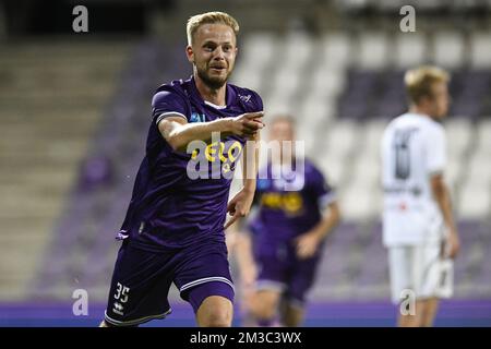 Beerschots Dante Rigo feiert nach einem Treffer bei einem Fußballspiel zwischen Beerschot VA und Lierse Kempenzonen am Sonntag, 28. August 2022 in Antwerpen, am 3. Tag der ersten Division der belgischen Meisterschaft 2022-2023 in der 'Challenger Pro League'. BELGA FOTO TOM GOYVAERTS Stockfoto