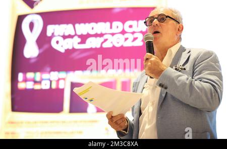 Thierry de Lattre du Bosqueau, CEO von Panini, abgebildet bei der Präsentation der Panini-Stickerkollektion zur bevorstehenden Fußball-Weltmeisterschaft 2022 am Dienstag, den 06. September 2022 in Tubize. BELGA FOTO VIRGINIE LEFOUR Stockfoto