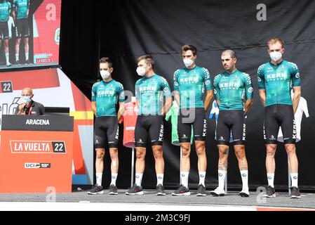 Equipo Kern Pharma Riders im Vorfeld von Stufe 17 der 2022. Ausgabe des Radrennen „Vuelta a Espana“, Tour of Spain, von Aracena bis Monasterio de Tentudia (162,3km), Spanien, Mittwoch, 07. September 2022. BELGA FOTO DAVID PINTENS Stockfoto