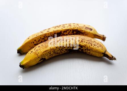 Nahaufnahme zu zwei gelben Sommersprossen auf einem weißen Holztisch. Stockfoto