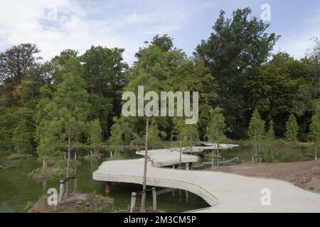 ACHTUNG HERAUSGEBER - VERTEILT BILDER - REDAKTIONELLE VERWENDUNG NUR MIT GESCHICHTE ÜBER DEN INSELGARTEN DER PLANTENTUIN MEISE - OBLIGATORISCHE GUTSCHRIFT - PLANTENTUIN MEISE JOHNNY UNMANS VERTEILT BILDER, DIE AM MITTWOCH, DEN 21. SEPTEMBER 2022, VERÖFFENTLICHT WURDEN, By Plantentuin Meise zeigt den neuen Island Garden des Plantentuin Meise - Meise Botanic Garden. Der neue Garten besteht aus einer Gruppe von Inseln mit verschiedenen Ausrichtungen und Ebenen und schafft eine Reihe von aquatischen Biotopen, die nur über einen 400 Meter langen gewundenen Spaziergang auf dem Wasser besucht werden können. Der Garten bietet auch eine geeignete Infrastruktur für Expandi Stockfoto