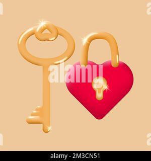 Key to heart. Golden key and lock in the shape of a heart with a keyhole 3d. The concept of celebrating Valentine's Day, love and marriage. Cute vecto Stock Vector