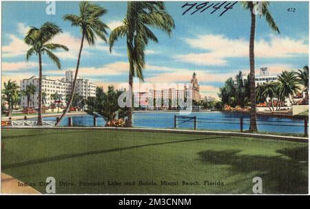 Indian Creek Drive, Pancoast Lake und Hotels, Miami Beach, Florida , Hotels, Tichnor Brothers Collection, Postkarten der Vereinigten Staaten Stockfoto