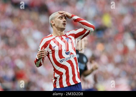 Antoine Griezmann von Atletico reagiert während eines Gruppenfußballspiels zwischen dem belgischen Fußballteam Club Brugge KV und dem spanischen Atletico Madrid , Mittwoch, 12. Oktober 2022, in Madrid, Spanien, am 4/6. Tag der UEFA Champions League Gruppenphase. BELGA FOTO BRUNO FAHY Stockfoto