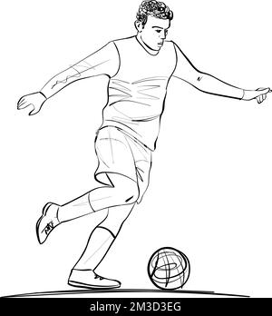 Fußball oder Football Player Sketch – der Fußballspieler tritt den Ball. Vektordarstellung. Stock Vektor