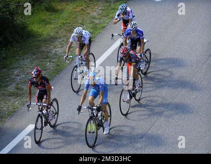 20100714 – GAP, FRANKREICH: Die Führungsgruppe, mit belgischem Mario Aerts vom Team Omega Pharma-Lotto und belgischem Dries Devenyns vom Team Quick Step in der Phase 10 der Tour de France 2010, von Chambery bis Gap. Stockfoto