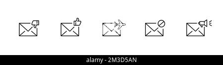 Set mit 5 E-Mail-Symbolen. Spam, Teilen, „Gefällt mir“ und „Gefällt mir nicht“, internationale Zustellung. Pixelgenaue, bearbeitbare Kontur Stock Vektor