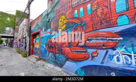 Farbenfrohe Graffiti-Gemälde auf der Graffiti-Gasse in Toronto, Kanada. Straßenkunst, Hintergrund, Textur. Stockfoto