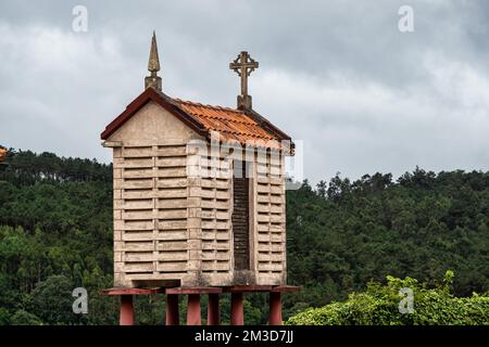 Schönes Dorf Vigo in Galizien, Spanien, einzigartig für seine Horreos, traditionelle Kornspeicher Scheunen Stockfoto