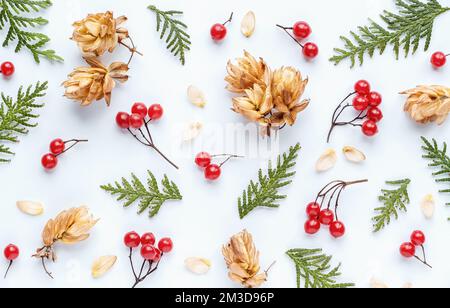 Blumenmuster aus Viburnum-roten Früchten, Hopfen, grünen Thuja-Blättern auf weißem Hintergrund, flache Herbstlage Stockfoto