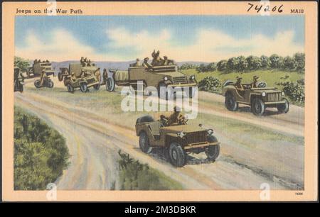 Jeeps auf dem Kriegspfad, Militärpersonal, Jeep-Autos, Tichnor Brothers Collection, Postkarten der Vereinigten Staaten Stockfoto